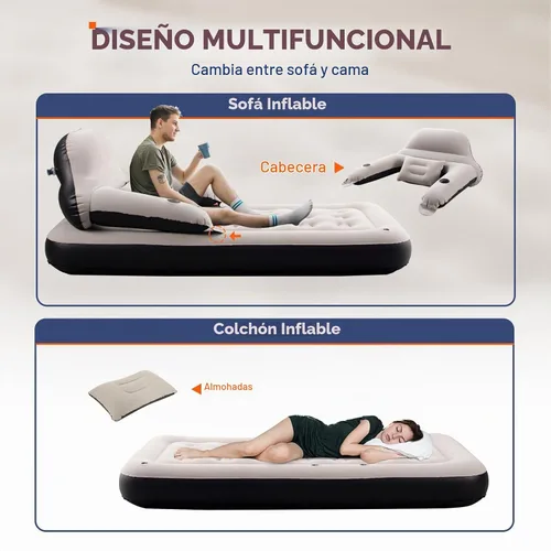 Vista 3 de Sofá cama de colchón de aire tamaño individual con cabecera y almohada, cama inflable para exteriores durante la noche