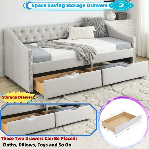 Vista 5 de Linuque - Sofá cama tapizado de tamaño matrimonial con 2 cajones de almacenamiento, marco de sofá cama de madera maciza con respaldo copetudo