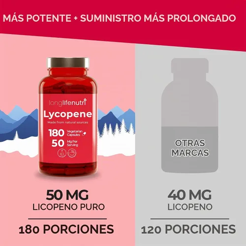 Vista 3 de LongLifeNutri Licopeno 50 mg, extracto de tomate natural, 180 cápsulas vegetales