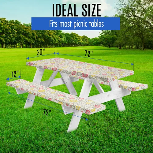 Vista 4 de LINPRO Funda de mesa de picnic prémium con fundas de banco, fundas de vinilo ajustables para mesa de picnic con accesorios elásticos de camping