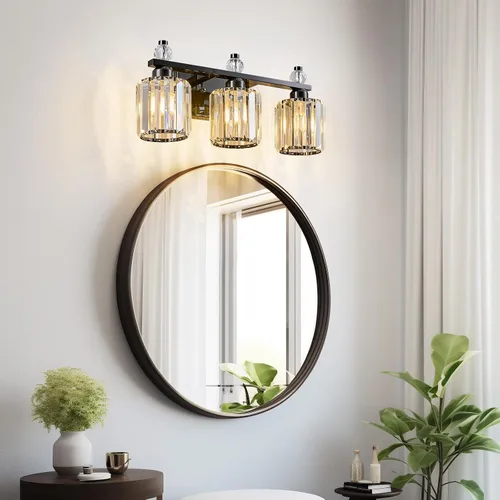 Vista 6 de Luces de Tocador de Baño de 3 Luces, Placado Negro, Modernas Luces de Tocador de Cristal para Baño, Luces de Tocador de Cristal para Usar Sobre