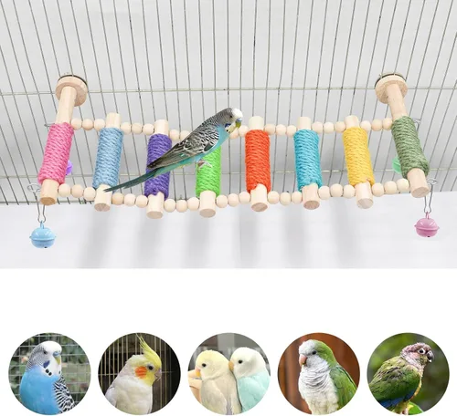 Vista 5 de Accesorios para jaula de pájaros, puente de madera con cuerda colorida en escalones, escalera de escalada de pájaros para periquitos, cacatúas