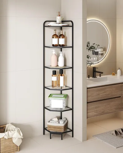 Vista 7 de Hzuaneri Estante esquinero, estantería de vidrio de 6 niveles, organizador de baño, soporte para plantas, marco de acero, vidrio templado
