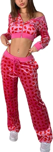 Vista 3 de Yiiciovy Conjunto deportivo de terciopelo rosa de 2 piezas para mujer, estampado de corazón, cremallera, sudadera con capucha Y2K, sudadera