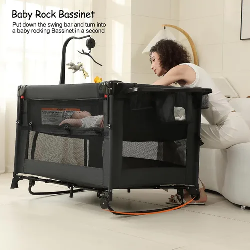 Vista 4 de Pack and Play, moisés para bebé, cama de noche, corralito de bebé con cambiador, corralito de viaje plegable para recién nacidos a niños pequeños
