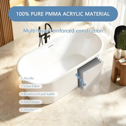 Vista 7 de Bañera independiente de 59", bañera independiente de acrílico puro, elegante bañera independiente contemporánea de remojo profundo, certificada cUPC