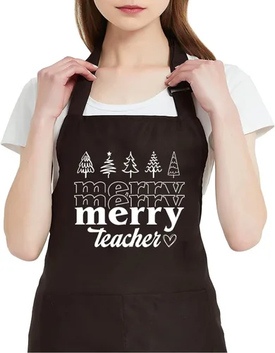 Vista 6 de TSIIUO Delantal de Feliz Profesor para mujer, divertido diseño de Navidad, impermeable, ajustable, con 2 bolsillos