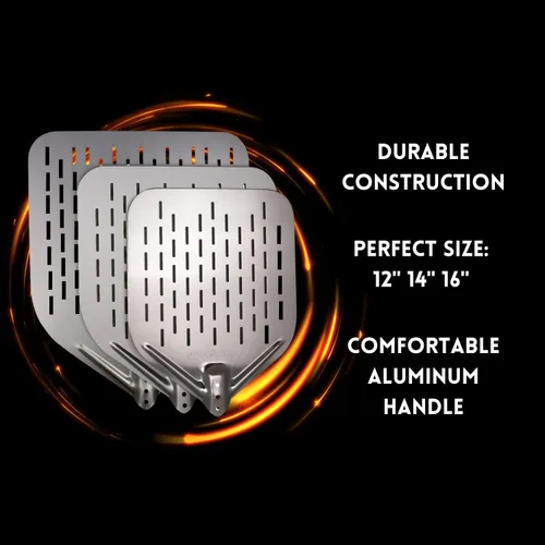 Vista 3 de Cáscara de pizza de aluminio perforada de 12 pulgadas con mango Lightweight 12-inch perforated aluminum pizza peel with handle, easy to use for