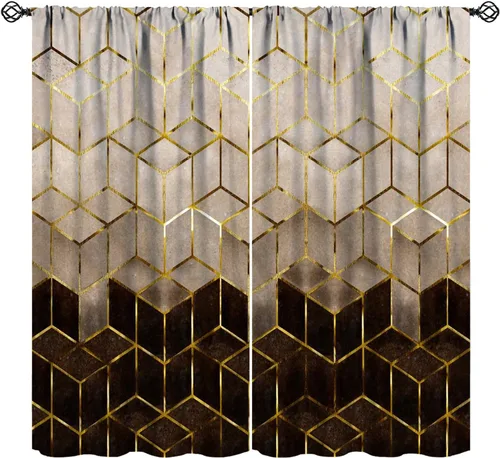 Vista 16 de YCness Cortinas de Mármol Geométricas, Azul Marino Dorado Geometría Abstracta Patrón Hexagonal Textura Tratamientos para Ventanas para Dormitorio