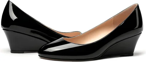 Vista 6 de MERRORI Zapatos de tacón bajo para mujer, con punta redonda, de charol sólido, de 2 pulgadas