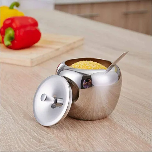 Vista 3 de Cuenco de azúcar de manzana de acero inoxidable para condimentos con tapa y cuchara