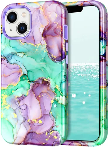 Vista 11 de CASEFIV Compatible con funda para iPhone 13, patrón de mármol 3 en 1, resistente a golpes y caídas, cuerpo completo, policarbonato duro y silicona