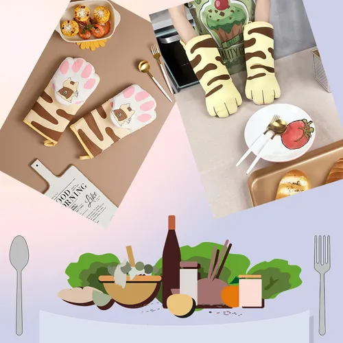 Vista 5 de Divertidos guantes de cocina para horno, accesorios de cocina, resistentes al calor, guantes kawaii para gatos, regalos para amantes de los gatos, 1
