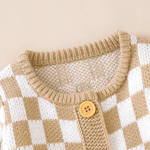 Vista 6 de Mameluco de punto unisex para bebé, niña, niño, overol de punto a cuadros, de una pieza, suéter con botones