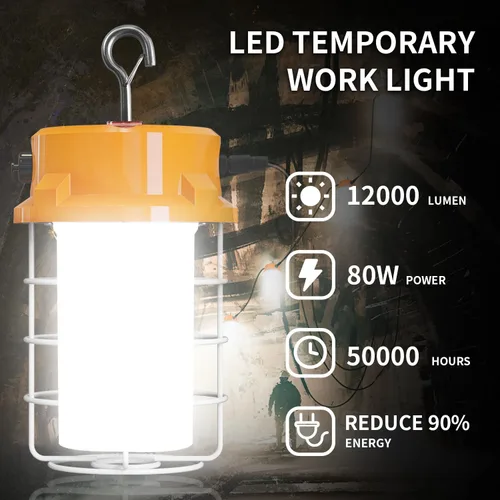 Vista 5 de RIUVAO Luz de trabajo temporal de 80W LED 12000lm 5000K luz diurna blanca portátil colgante iluminación de construcción llevó alta luz de la bahía