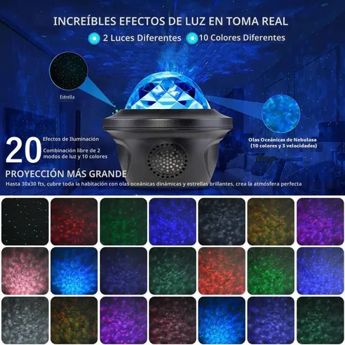 Vista 2 de 20 Efectos de Iluminación Proyector de Galaxia, Altavoz de Música de Gran Proyección, Luz de Galaxia con Control Remoto, Proyector de Luz Nocturna