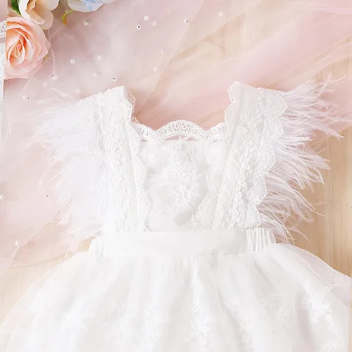 Vista 4 de Vestido de encaje para niñas pequeñas, vestido de encaje con bordado floral, manga de plumas, tul tutú, vestido de fiesta acampanado