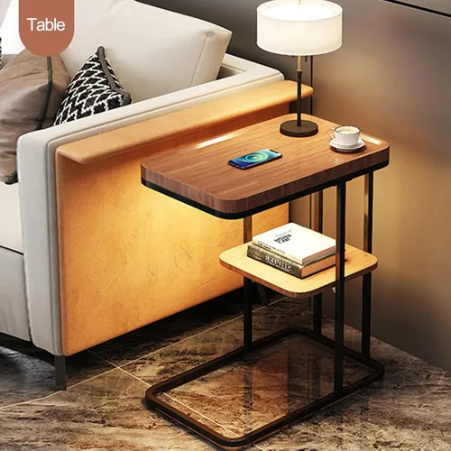 Vista 7 de DELURA Mesa auxiliar en forma de C, mesa auxiliar pequeña para sofá y cama, espacios pequeños, sala de estar, dormitorio, mesa rústica
