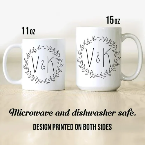 Vista 3 de Custom Initials Coffee Mug – Personalized Couple Monogram Cup with Leaf Wreath Design – Wedding Gift for Him or Her – 11oz or 15oz Ceramic Mug