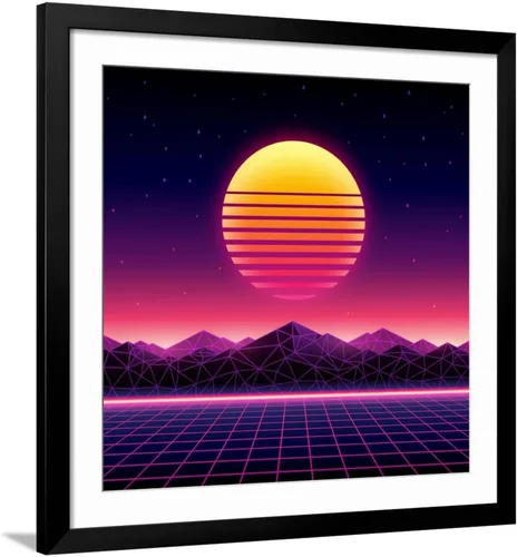 Vista 7 de ART.COM Wall Art Print Retro Futuristic Background 1980S Style. Digital Landscape in a Cyber World. Retro Wave Music Album on Black Frame by Kelvin