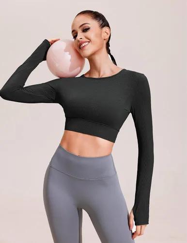 Vista 2 de PINSPARK Camiseta corta de manga larga acanalada para entrenamiento, con espalda abierta, para yoga, con nudo torcido, con agujero para el pulgar