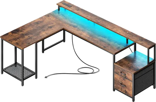 Vista 12 de PRAISUN Escritorio para juegos en forma de L de 66 pulgadas con luces LED y Negro