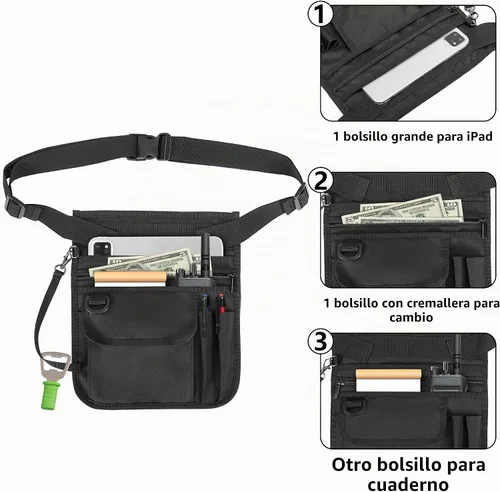 Vista 2 de Rexmica Delantal de Camarera y Servidor con Múltiples Bolsillos, Bolsa de Cintura Ajustable para Servidor, Delantal de Cintura para Camarera