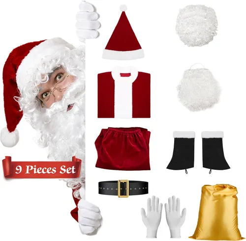 Vista 3 de aingycy Disfraz de Papá Noel de franela de lujo para adultos, traje completo de Navidad, Halloween, disfraz de Papá Noel para hombres, vino