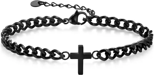Vista 8 de Pulseras de cadena cruz para hombres y mujeres, pulseras de encantos de cruz de acero inoxidable plateado/negro para hombres, joyería de fe