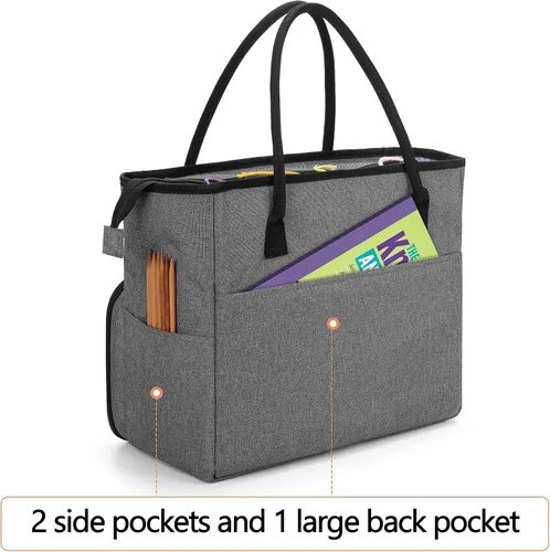 Vista 5 de Yarwo Bolsa de ganchillo para tejer, bolsa de almacenamiento de hilo para proyectos de WIP, madejas de hilo, ganchos de ganchillo y agujas de tejer