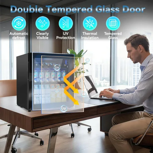 Vista 5 de Velivi Mini refrigerador con puerta de cristal, nevera pequeña, escritorio, enfriador de bebidas con cerradura para bebidas de cerveza, 1.4 pies