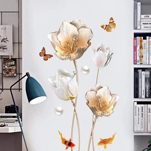 Vista 3 de Calcomanías de pared florales de flor de loto, calcomanías de pared de tulipán para sala de estar, decoración de pared extraíble para el hogar