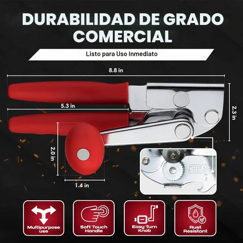 Vista 2 de Chef Master Abridor de Latas Comercial Resistente - Manual con Manivela Manual para Latas Grandes con Agarre Antideslizante - Abridor de Latas