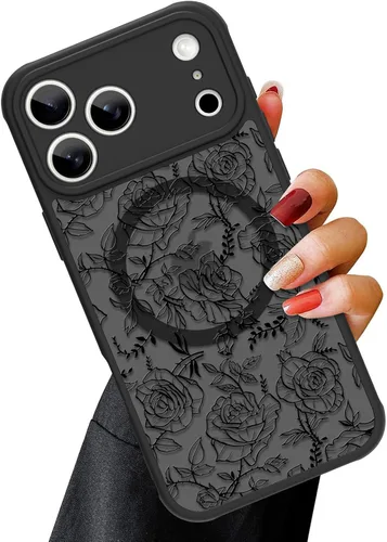 Vista 58 de OOK Funda magnética para iPhone 13 Pro Max [compatible con MagSafe] Funda delgada translúcida mate con flor silvestre negra, protección para lente