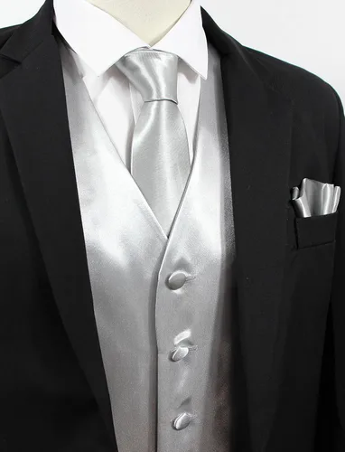 Vista 2 de Chaleco de boda de satén para hombre, conjunto con corbata para el cuello, corbata y pañuelo