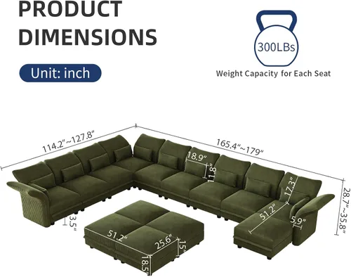 Vista 2 de LLappuil Sofá modular grande en forma de U con almacenamiento, sofás modulares modulares de pana verde para sala de estar con apoyabrazos