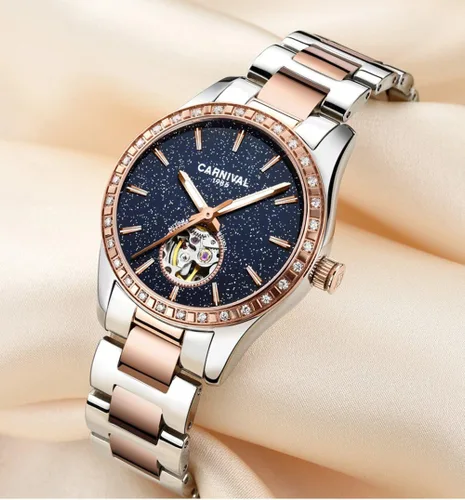 Vista 9 de Carnival Reloj de mujer con esqueleto mecánico automático, cristal de zafiro sintético, oro rosa, acero inoxidable, impermeable, color blanco