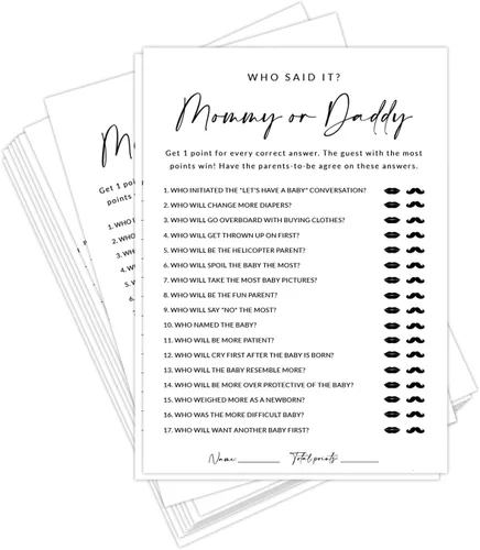 Vista 8 de HerZii Prints Tarjetas de juego de peleas familiares para baby shower, paquete de 50 tarjetas de juego para baby shower con hoja de respuestas