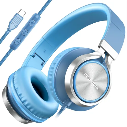 Vista 14 de INFURTURE - Auriculares USB C con micrófono, control de volumen, cable sin enredos, auriculares tipo C con cable, plegables y ligeros para iPhone