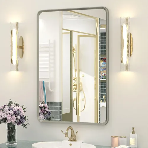 Vista 59 de OKPAL - Espejo de tocador de baño de 20x24 pulgadas con marco de metal cepillado en bronce, espejo de baño con marco de metal cepillado en bronce