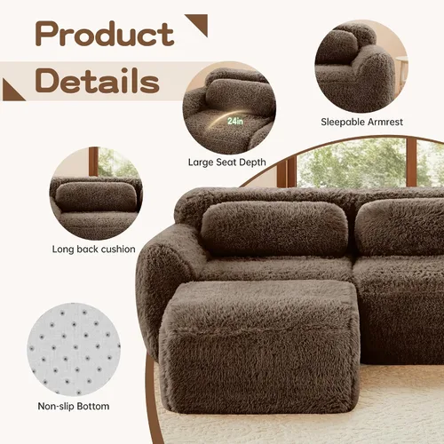 Vista 2 de Sofás de nube sin hueso de 80.4 pulgadas, tela de felpa suave y esponjosa, sofá cama modular con 2 otomanas, sofás de dos plazas de chocolate,