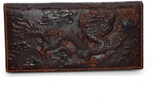 Vista 2 de Cartera marrón para hombre con tarjetero de crédito con patrón de dragón