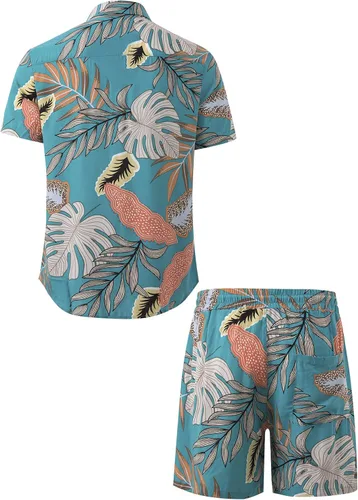 Vista 3 de Atwfo Conjunto de camisa hawaiana y pantalón corto para hombre, conjunto de 2 piezas para vacaciones, casual, con botones, playa, trajes florales