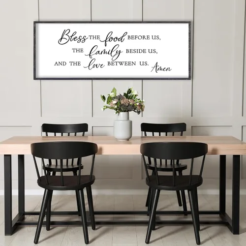 Vista 5 de LuZhiQiang Arte de pared para comedor 81,3×30,5 cm "Bless The Food Before Us" Letrero cristiano para cocina, cita familiar agradecida, cuadro grande