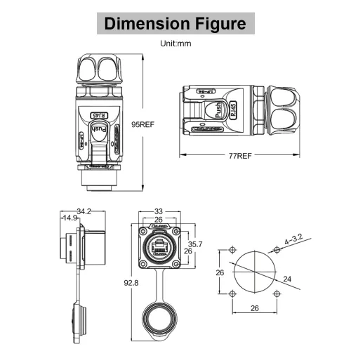 Vista 3 de Conector impermeable RJ45, conector impermeable Ethernet Cat6 industrial, adaptador de doble puerto de aviación 8P8C, acoplador de señal