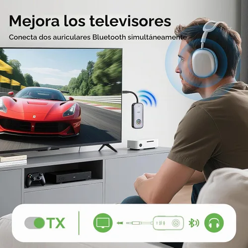 Vista 4 de Transmisor receptor Bluetooth A6 Pro, adaptador de audio inalámbrico 2 en 1 para avión/TV/PC/gimnasio, auriculares de doble enlace, receptor