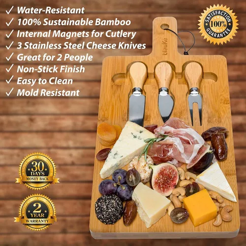 Vista 2 de BlauKe - Tabla de queso de bambú con cubiertos (incluye 3 cuchillos de queso)