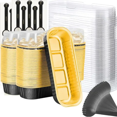 Vista 19 de Findful Mini Moldes para Hornear Pan con Tapas y Cucharas (Paquete de 50, 6.8oz) Moldes Rectangulares de Papel de Aluminio para Hornear Recipientes