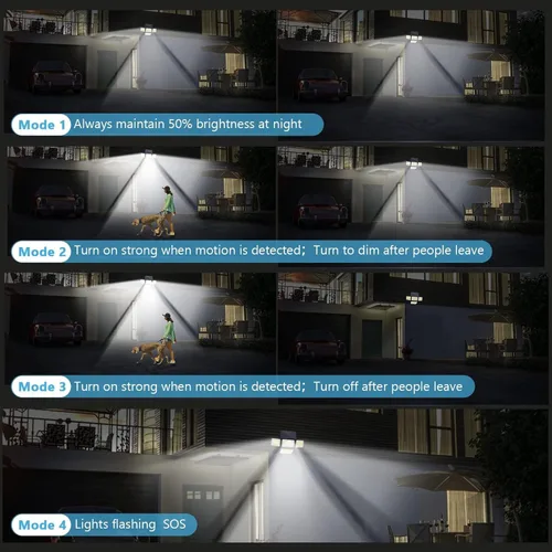 Vista 3 de Luces solares para exteriores, 288 LED 2800LM sensor de movimiento luz al aire libre con control remoto, 4 cabezales IP65 impermeable luces solares