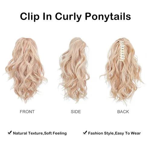 Vista 2 de Cola de caballo rizada, cola de caballo de ondas sintéticas para mujer, extensiones de cabello corto y grueso con clip en cola de caballo ondulada